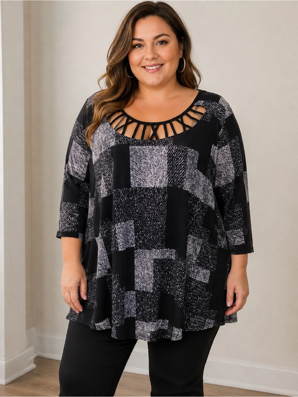 Plus-Size Black & Gray Cutout Neck Tunic Top